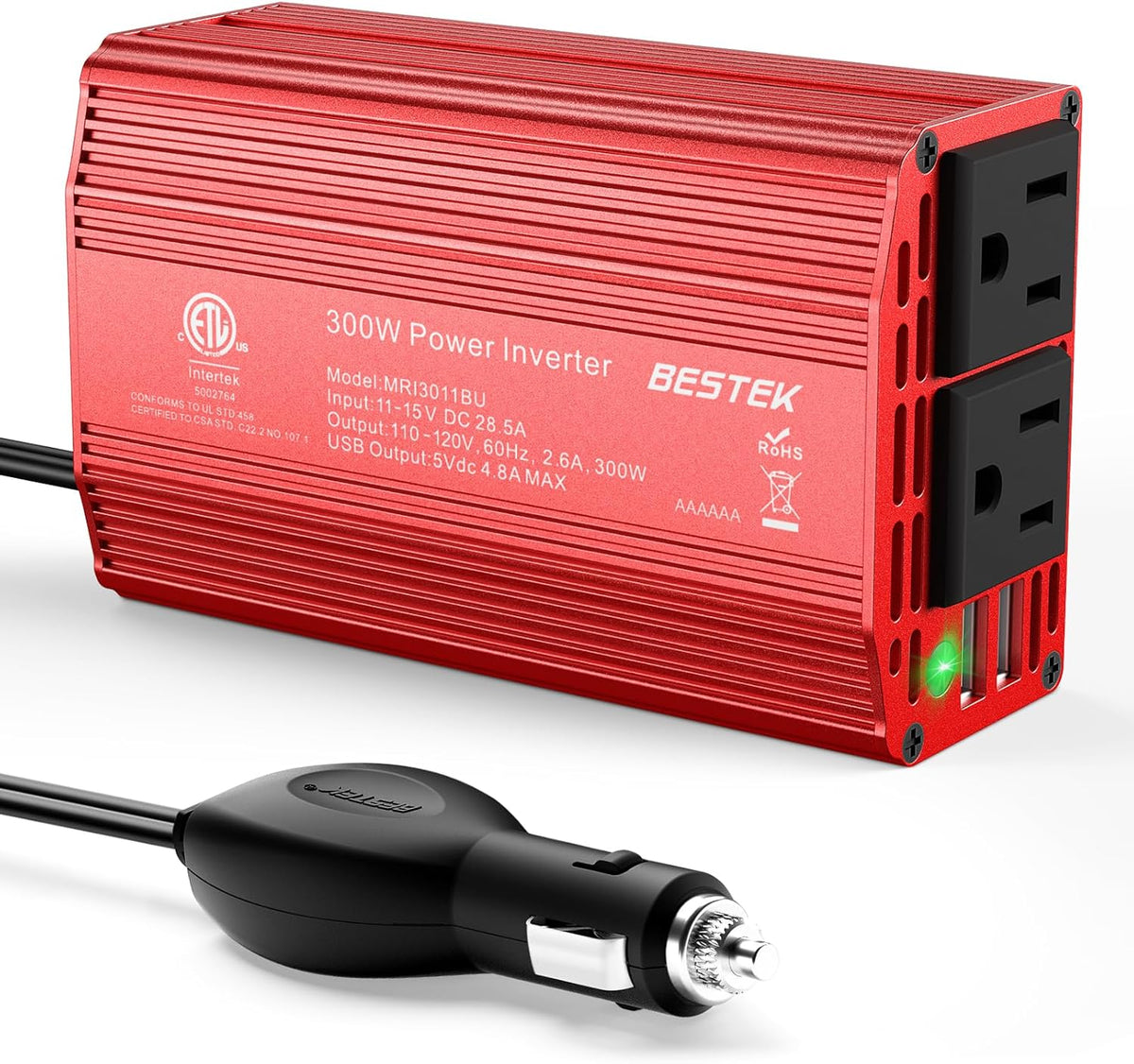 BESTEK Power Inverter DC 12V to AC 110V - 300W Car Plug Adapter Outlet with 4.8A Dual USB Fast Charging Port - Car Charger Cigarette Lighter Adapter for Phone, Laptop on Road Trip - Aluminum Housing