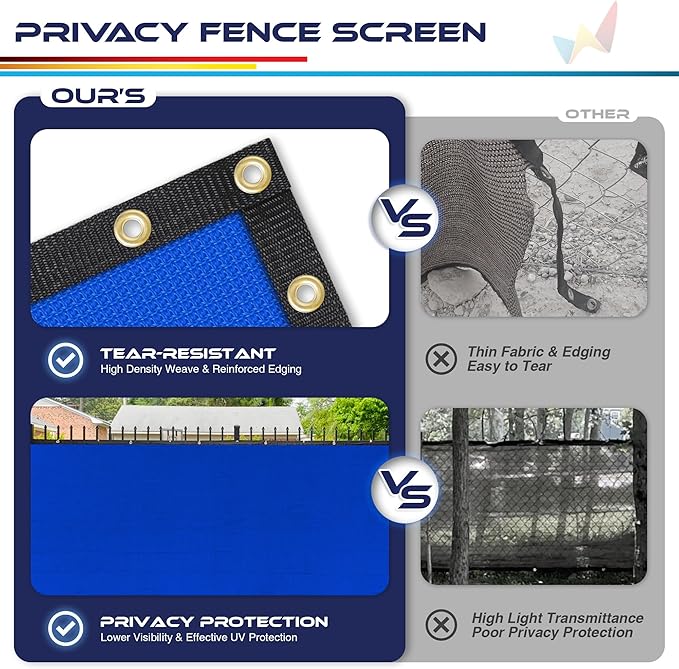 Windscreen4less Privacy Fence Screen Heavy Duty Windscreen Fencing Mesh Fabric Shade Net Cover with Brass Grommtes for Outdoor Wall Garden Yard Pool Deck, 8'x143' Blue
