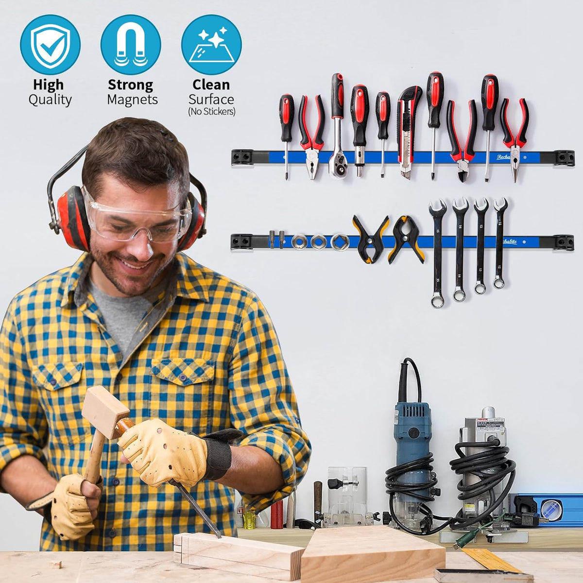4 Pieces 24" Magnetic Tool Holder Strip, Blue Magnet Bar, Metal Tool Organizer Rack for Garage Organization, Easy To Install in Workshop, Mounting Screws Included