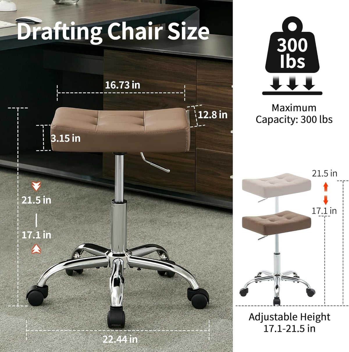 Ergonomic Desk Stool with Wheels (Adjustable Height 17"-21") (300lbs Capacity) Faux Leather Office Stool (Coffee Brown)