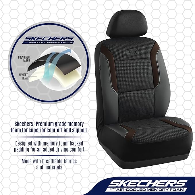 Skechers Memory Foam Car Seat Covers, Air Cool Mesh Thick Seat Covers,Car Seat Covers Front Seats Airbag Compatible, Automotive Comfort Protection for Most Cars,Van,Trucks, SUVs,Brown