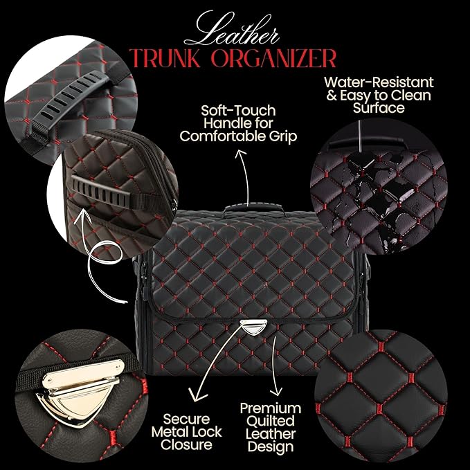 Leather Trunk Organizer with Lid for Suv and more, Foldable Car Organizer, Car Organizers and Storage with Pockets, Non-Slip Design (Red-Black)