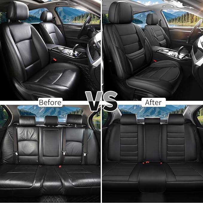 Car Seat Covers Full Set Custom Fit for Ford Escape 2001-2026 - Premium Faux Leather with Lumbar Support, Breathable, Anti-Slip & Full Wrapping Edge (Black,Full Set)