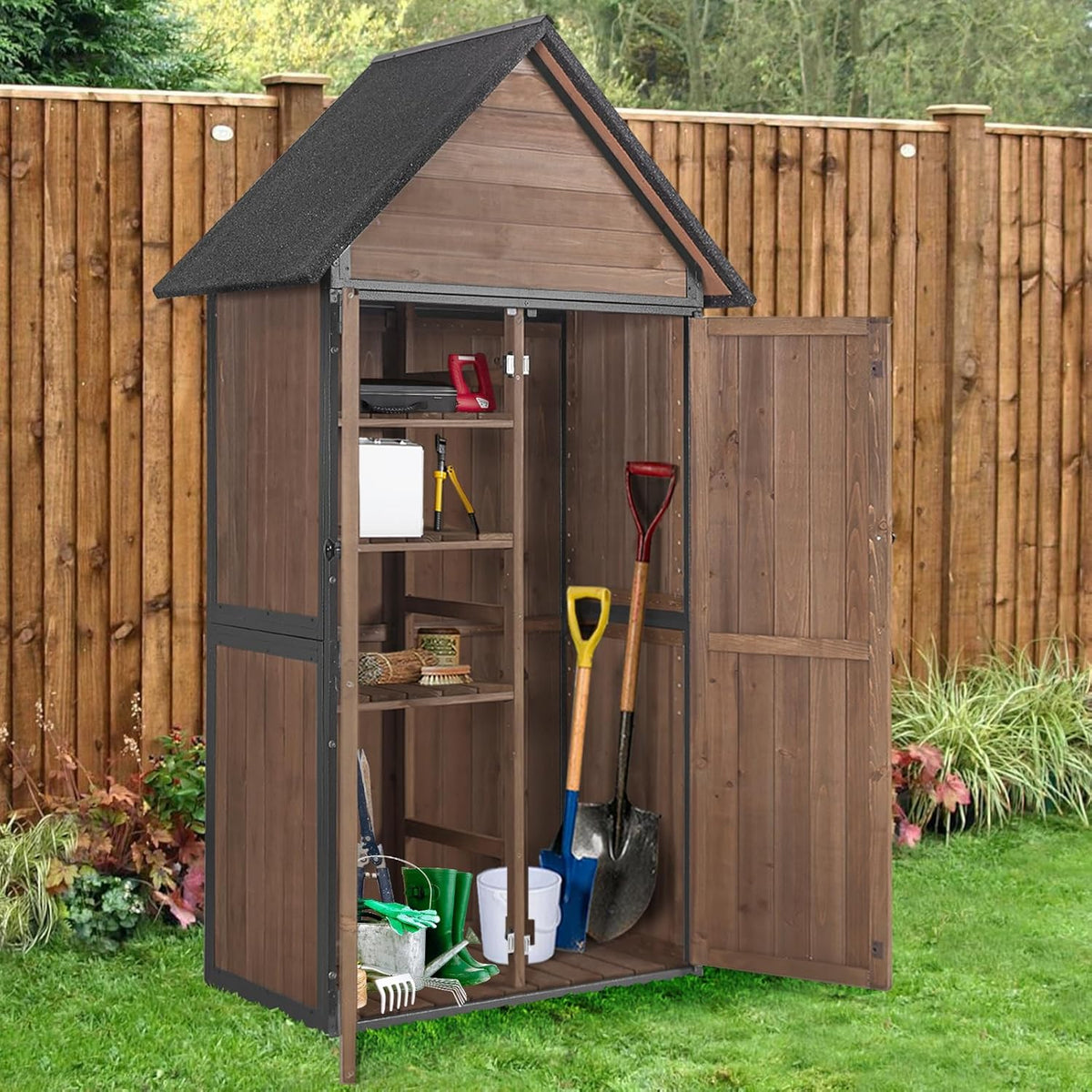 Outdoor Storage Shed,Vertical Wooden Tool Shed with Waterproof Roof,Adjustable 3 Tiers Shelves,Storage Tool Cabinet Box with Metal Frame Sloped Roof for Backyard Garden Patio Lawn (Dark Brown)