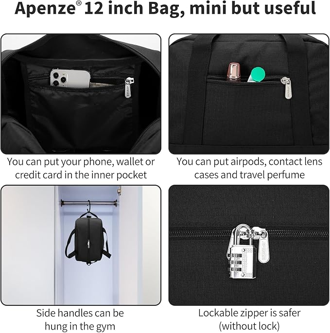 Small Gym Bag Carry On Bag - 12 in Mini Duffle Bag Lightweight for Overnight Travel（Black）