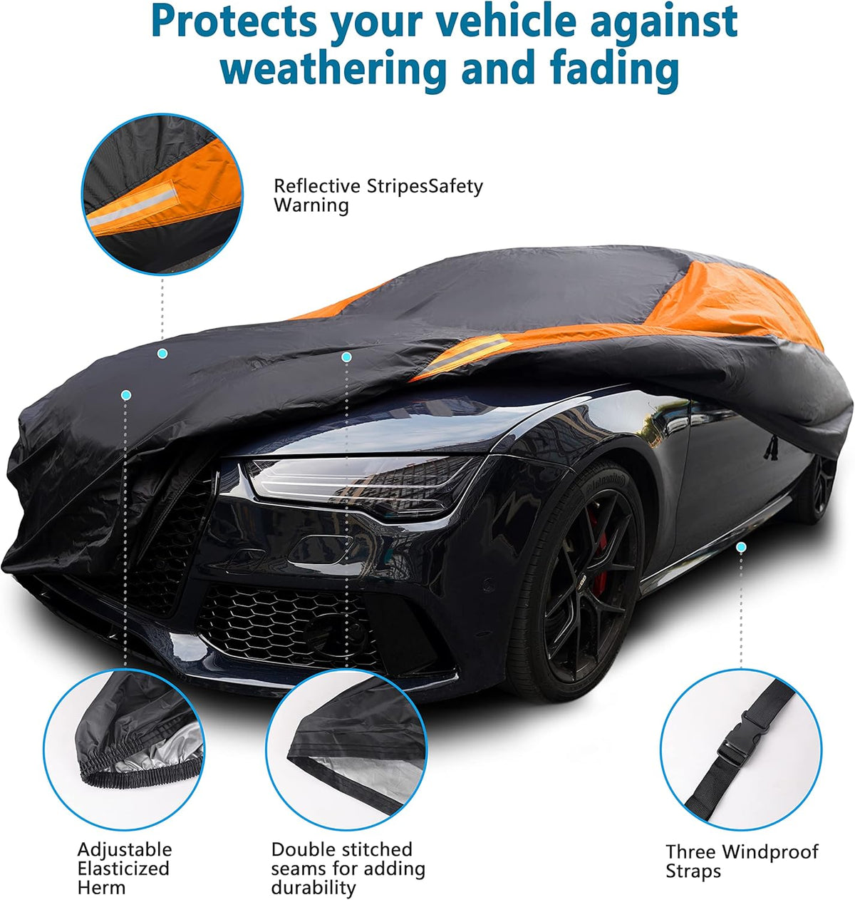 MORNYRAY Waterproof All Weather Snowproof UV Protection Windproof Outdoor Full car Cover, Universal Fit for Sedan (Fit Sedan Length 194-206 inch, Orange)