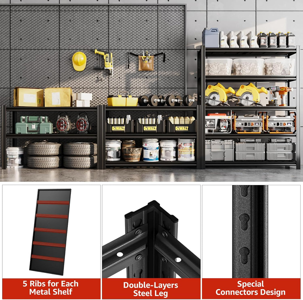 84" H x 47.24" W 5 Tier Metal Garage Shelves, 3000 LBS Adjustable Storage Shelving Unit for Warehouse, Basement, Kitchen, Store Display, Flower Stand, Office, Classroom, 24" D, Black