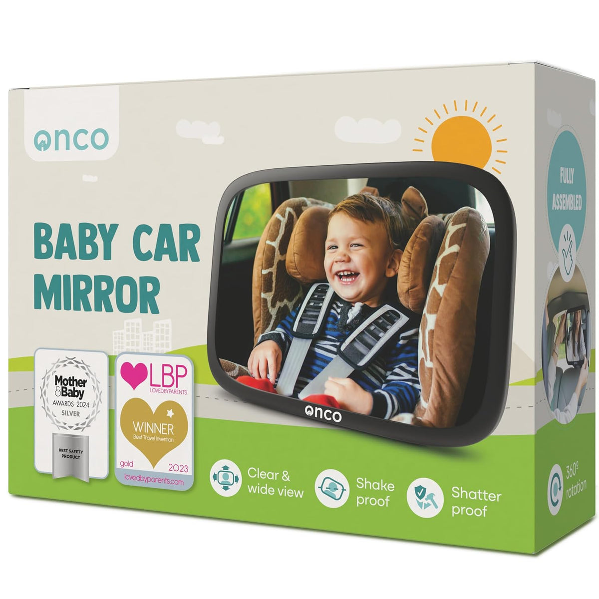 Onco Baby Car Mirror Rear Facing - Double Award-Winning Convex Car Mirror for Baby, 100% Shatterproof & Shakeproof with 360° Rotation, Newborn Essentials (9.6 x 6.9 in)