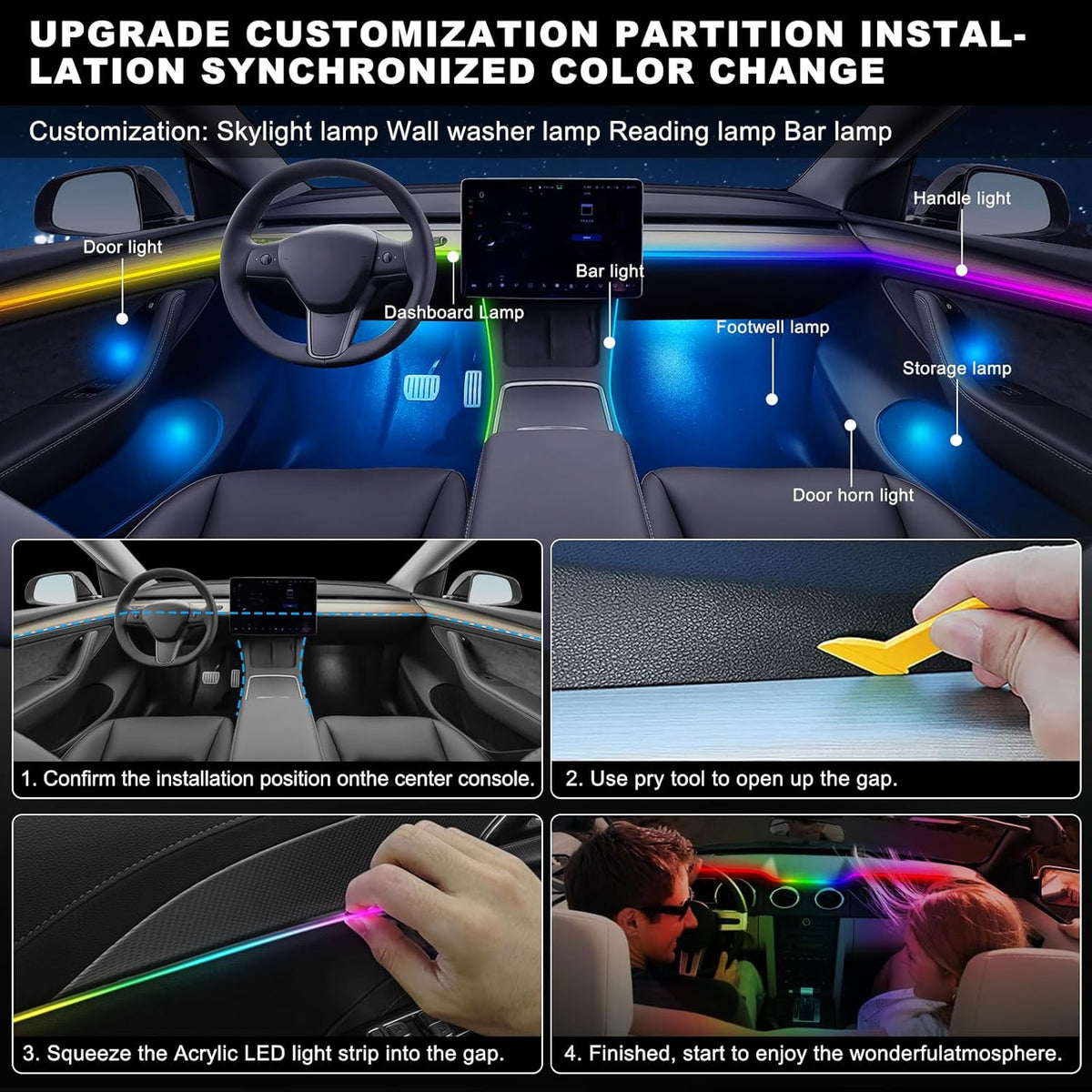 Dreamcolor Acrylic Interior Car LED Strip Light with USB/Type C, 43.3 inches Fiber Optic Ambient Lighting Kits, 16 Million Colors Sound Active Function Neon Accessories
