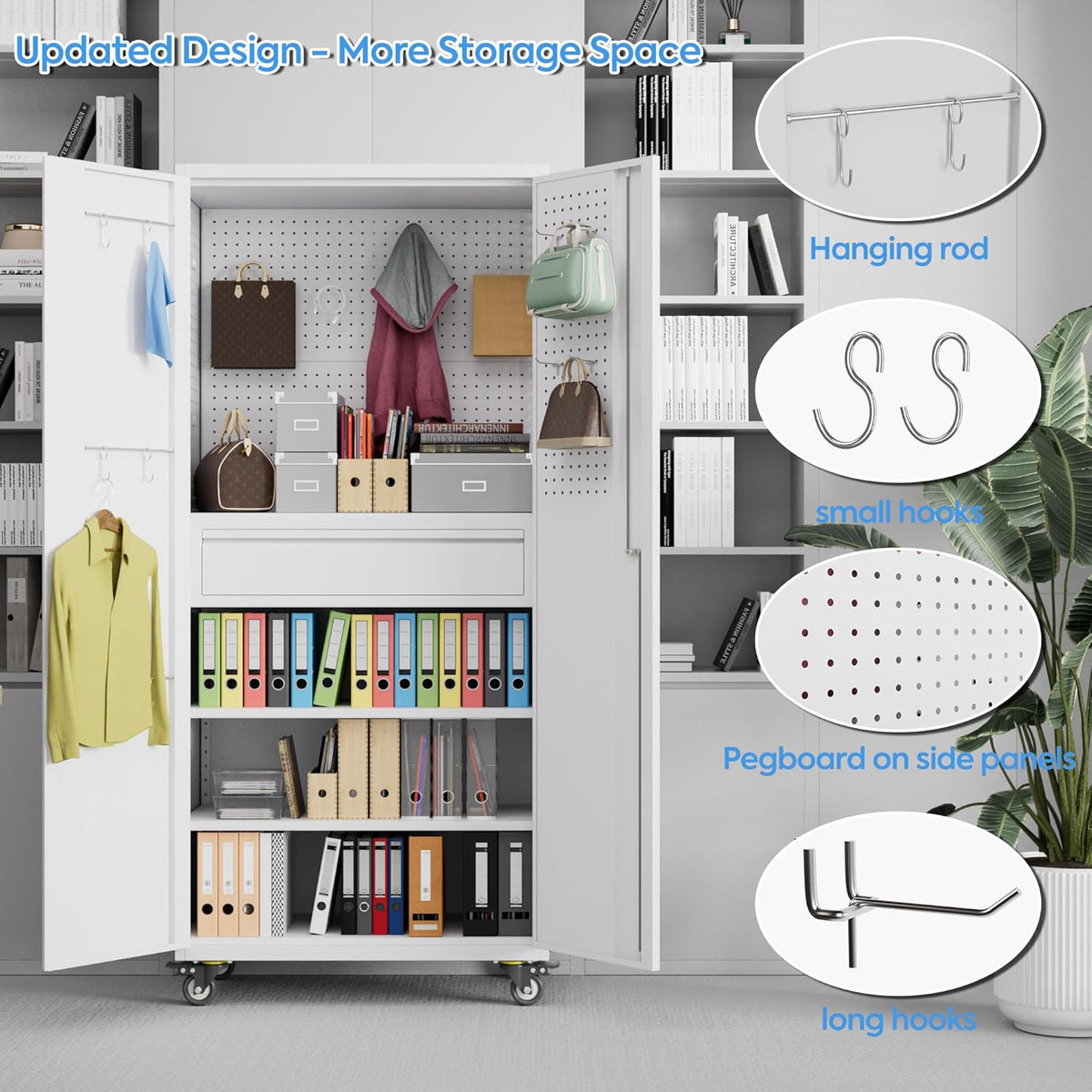71" Metal Garage Storage Cabinet with 16 Hooks and Pegboards,1 Drawer Inside Rolling Tool Storage Cabinet with Adjustable Shelves,3 Metal Hanging Rod for Garage,Warehouse(White)