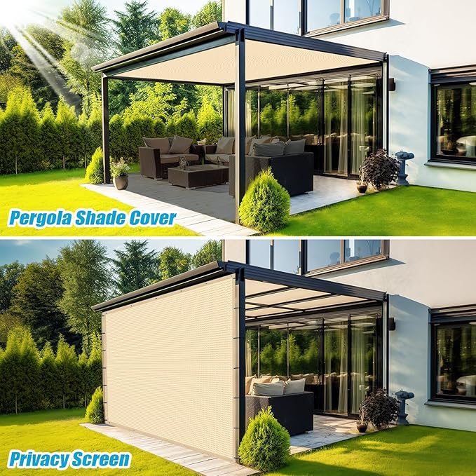 Amagenix 90% Pergola Shade Cover 6' X 11' Sun Shade Cloth with Grommets for Outdoor Garden Patio Porch, Commercial Grade 200 GSM - Cable Zip Ties Included (We Customized) GN108, Wheat