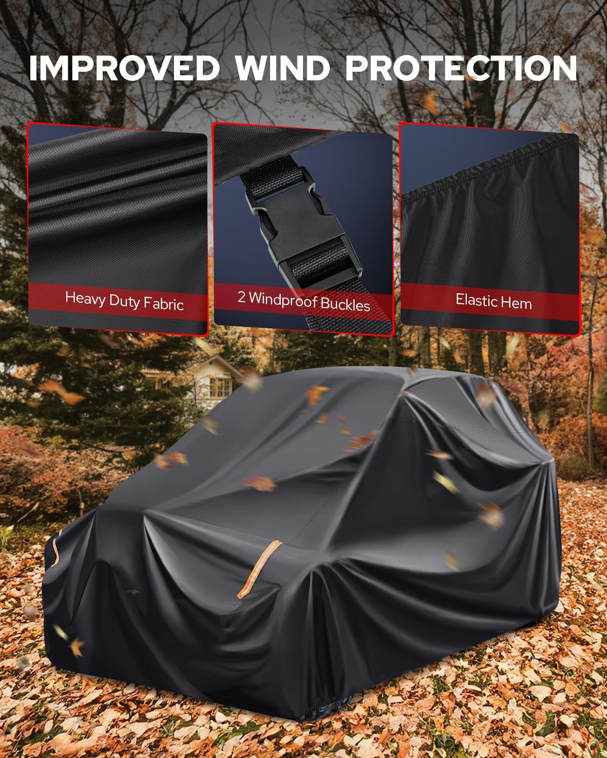 Benlari Heavy Duty UTV Cover - 420D Waterproof Oxford Cloth, PU Coating, 2 Adjustable Windproof Buckles, 4 Wheel Tie-downs and Reflective Strips for Outdoor All-weather Protection (136" x 75" x 69")