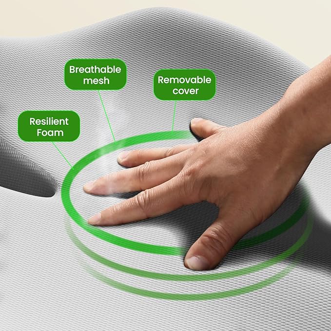 Benazcap Large Seat Cushion for Office Chair Memory Foam Coccyx Pain Relief Cushion Pillow for Back Support Non-Slip Seat Pad for Office Desk, Car Seat, Wheelchair, Sciatica-Grey