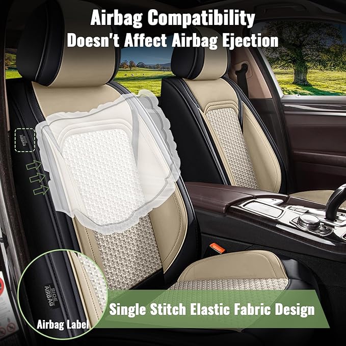 Car Seat Covers for Honda Accord 2003-2017, Breathable Cooling Ice Silk Leather, 2 Front Seats Vehicle Protector Cushion Auto Accessories (Black&Beige)