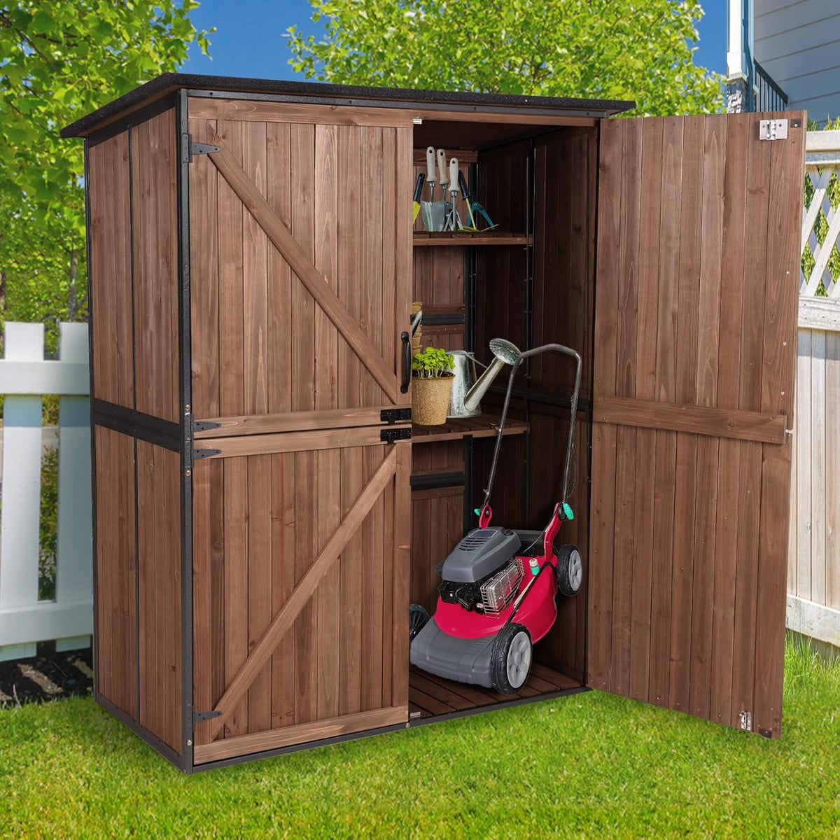 Outdoor Storage Cabinet with Adjustable Shelves, Large Metal Frame Garden Shed for Bike & Tool Storage, Lockable Waterproof Vertical Cabinet Box for Backyard, Patio, Lawn, Deck