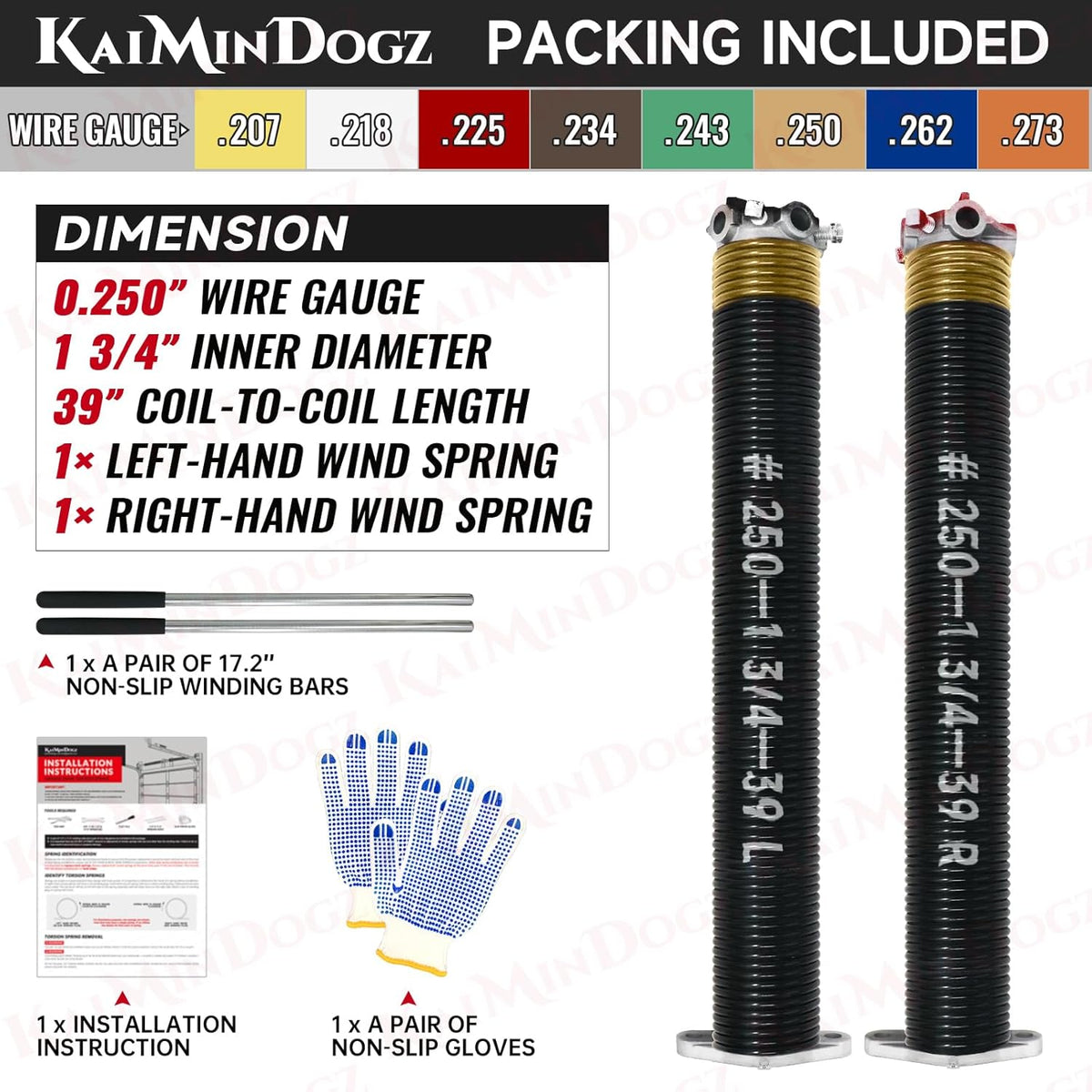 Pair of 1.75" Garage Door Torsion Springs Set with Non-Slip Winding Bars&Gloves, High Precision Electrophoresis Oil-Free Black Coated for Replacement, MIN 16,000 Cycles (0.250 x 1.75"x 39")