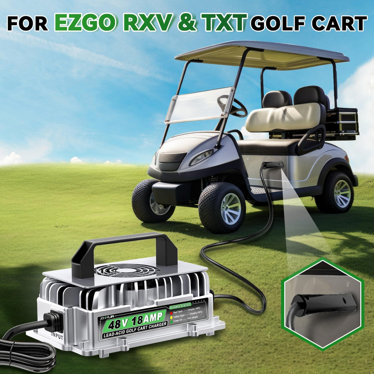 48 Volt 18 AMP Golf Cart Charger for 48 Volt EZGO RXV & TXT with 3 Pin Triangular Plug for 48V Lead Acid Battery