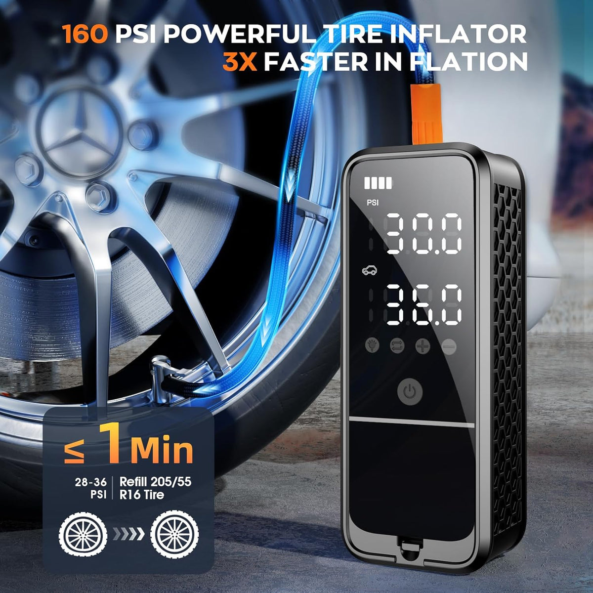 Tire Inflator Portable Air Compressor, 160 PSI Air Pump for Car Tires with Digital Pressure Gauge, Bike Tire Pump with LED Light Portable Tire Inflator for Car, Bike, Motorcycle, Ball