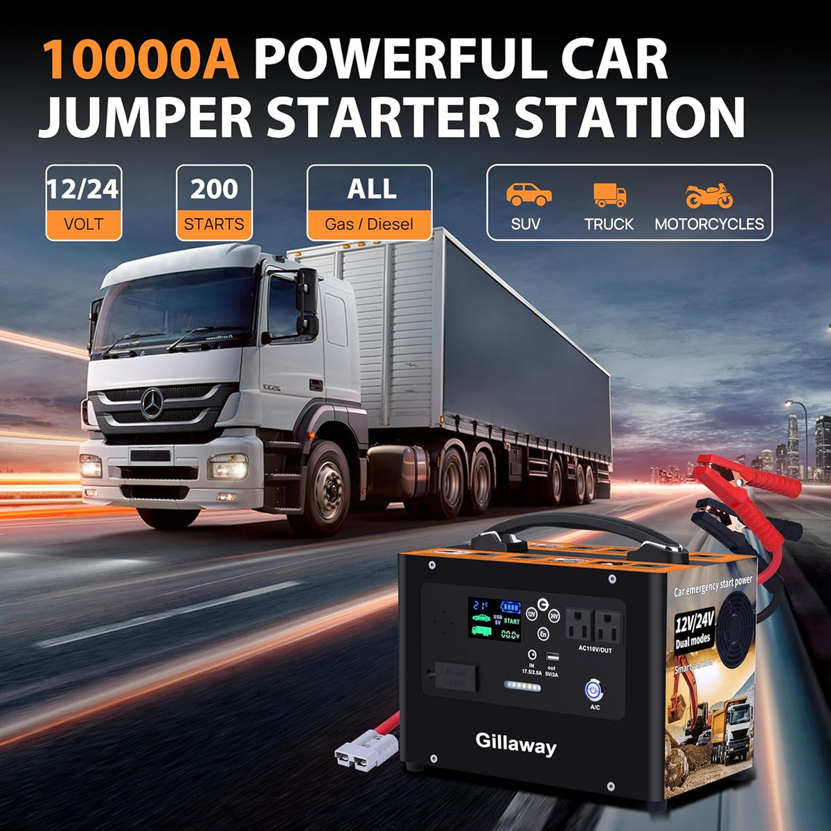 V10 10000A Car Jump Starter, Portable Power Station Backup Lithium Battery，12V/24V Heavy Duty Truck Jump Starter Battery Pack, Power Bank for Outdoors Camping Travel Hunting Blackout