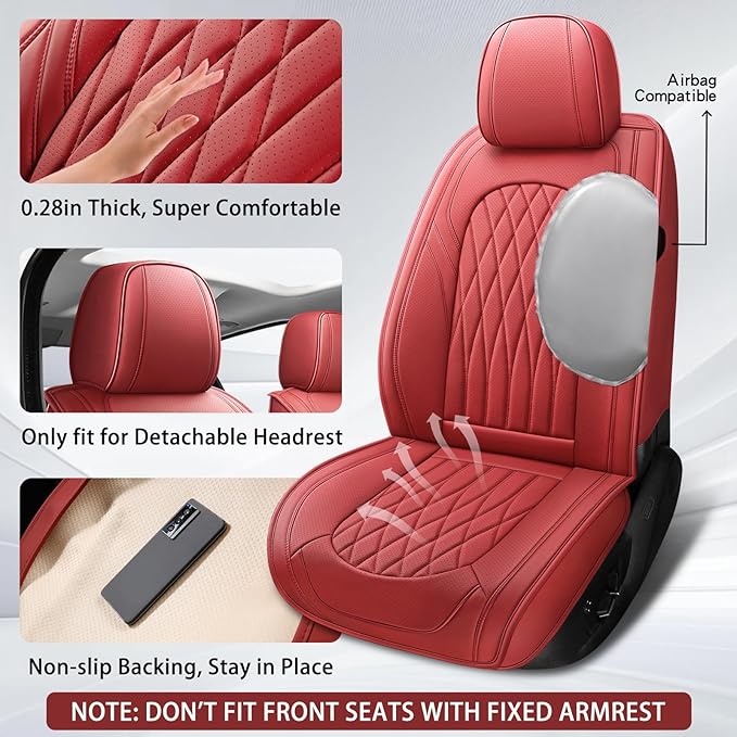 WELLDO Car Seat Covers Front Seats, Leather Seat Covers for Cars, Front Car Seat Protector Waterproof, Non-Slip Car Interior Covers Universal Automotive Seat Covers for Most Vehicle, Burgundy