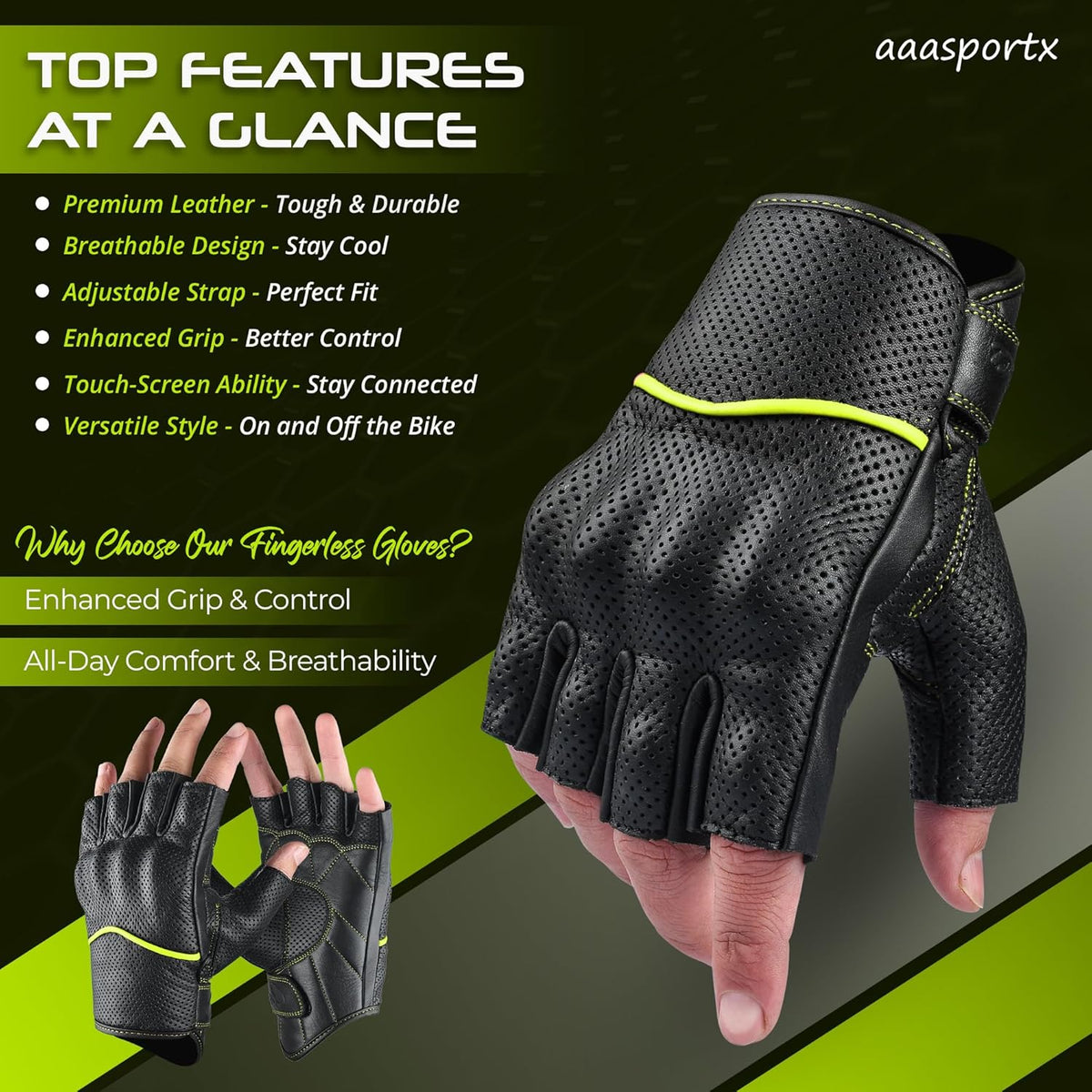 aasportx Motorcycle Gloves - Men's Leather Motorbike Gloves with Touchscreen Function - Non-Slip Pads for Men & Women