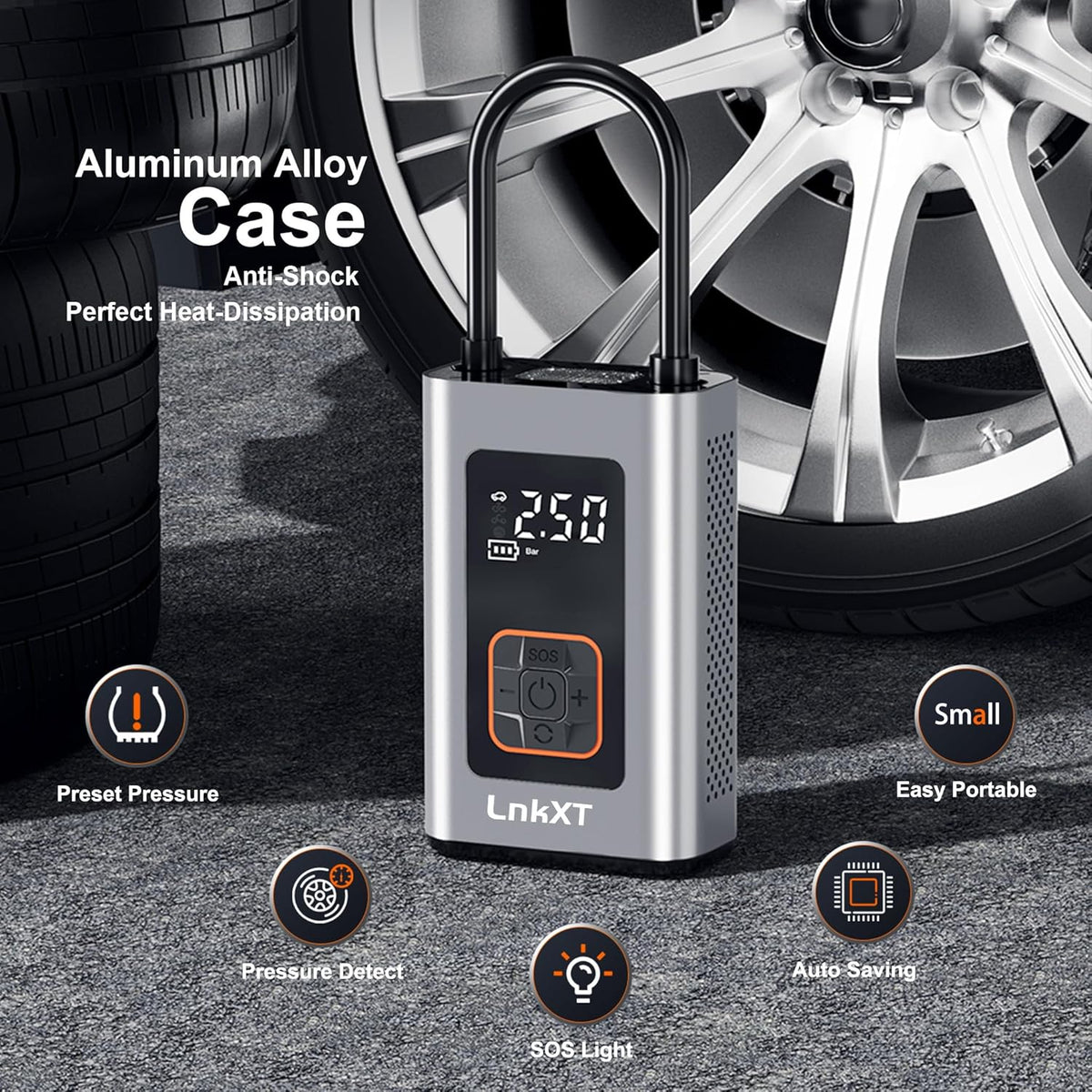 Tire Inflator Portable Air Compressor, 150PSI Cordless Air Pump with Digital Pressure Gauge, Durable Metal Body, Auto Shut-Off and Built-in LED Light,for Car, Motorcycle, Bicycle& Sports Balls