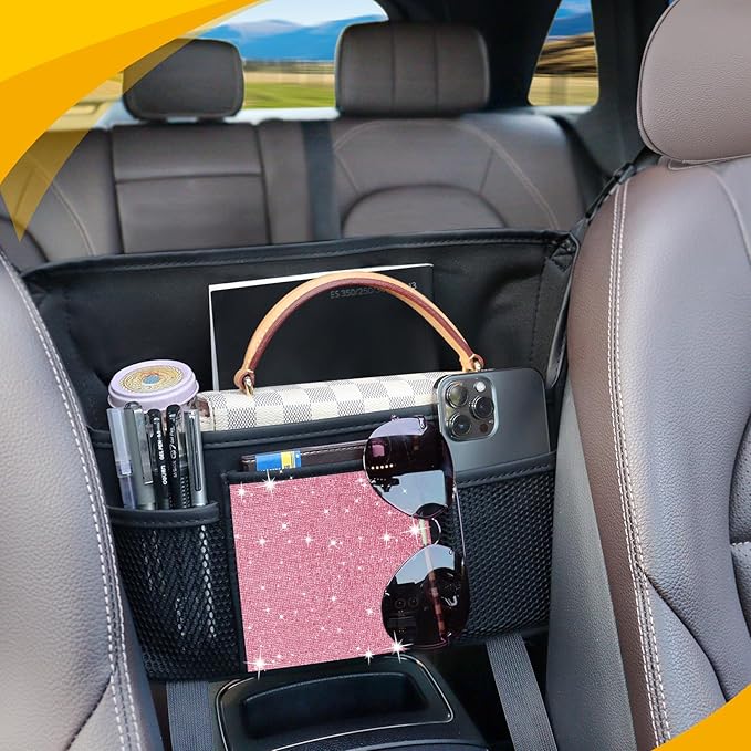 Pink Diamond Car Handbag Holder Between Seats Bling Rhinestone Car Storage Bag Large Capacity Purse Phone Ipad Automotive Consoles Organizer Safe Barrier of Backseat Pet Kids…