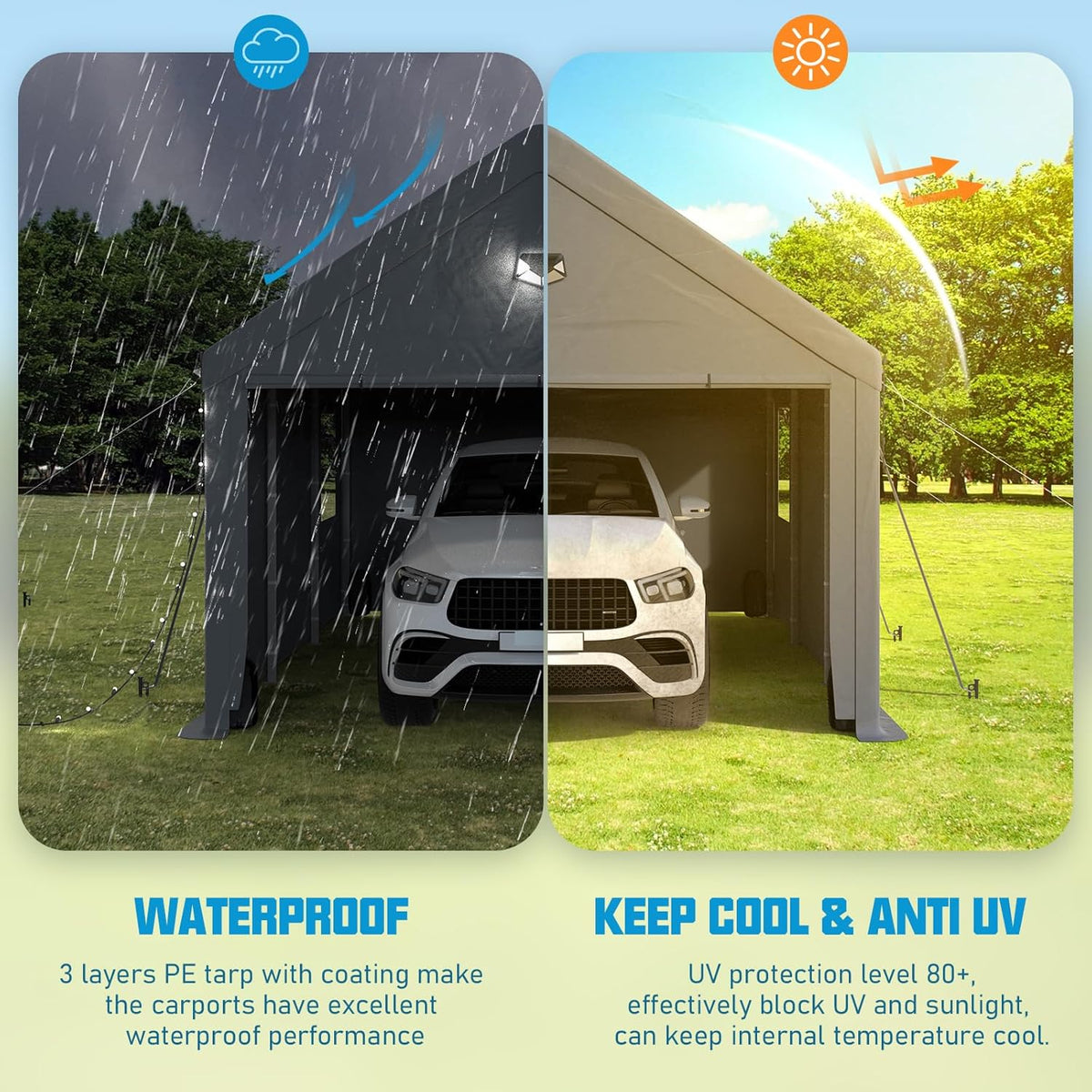 12x20 Carport, Heavy Duty Carport Canopy Garage with Removable Sidewalls and Drive Through Roll Up Zipper Doors, Grey