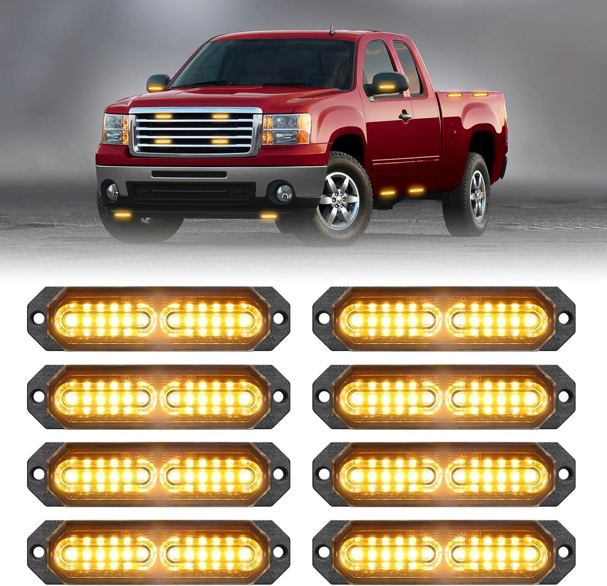 HLauto 1200T Emergency Strobe Grille Lights: 8pcs 12 LED Sync Feature Safety Warning Flashing Lights, Ultra Slim Surface Mount Hazard Caution Lights for Trucks, Vehicles, Car, ATV, UTV (Amber)