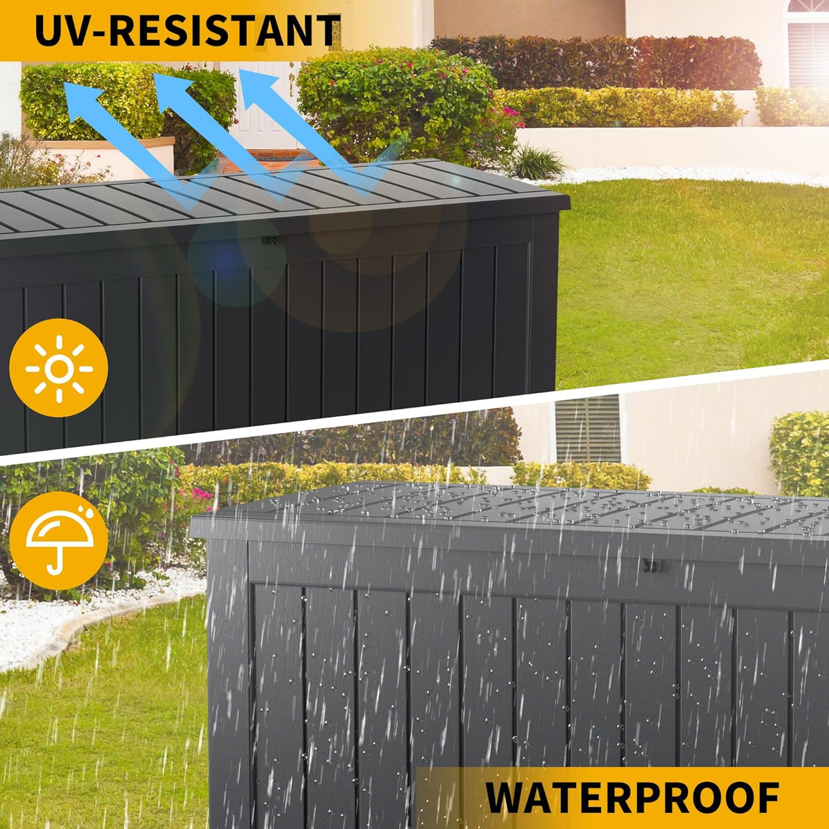 200 Gallon Resin Deck Box, Waterproof Outdoor Storage Bin for Patio Furniture, Pool Accessories, and Garden Tools, Lockable & UV-Resistant, Black