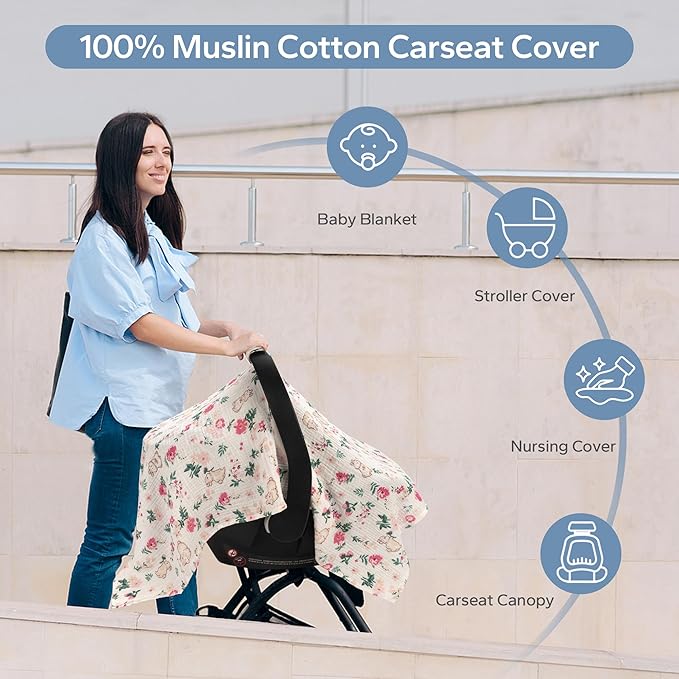 SERAPHY 100% Muslin Cotton Car Seat Covers for Babies, Universal Baby Car Seat Cover, Breathable Muslin Carseat Cover Canopies for Boys and Girls, Soft Infant Car Seat Cover for Summer — Rabbits