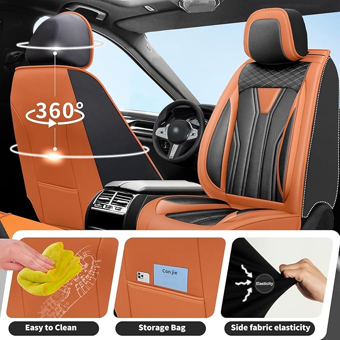 Fit Kicks Car Seat Covers， Compatible with Nissan Kicks 2018-2026 -Premium Leather, Waterproof Breathable All-Weather Seat Cushion Protector Airbag Compatible（2 Seats Front Pair，Orange & Black