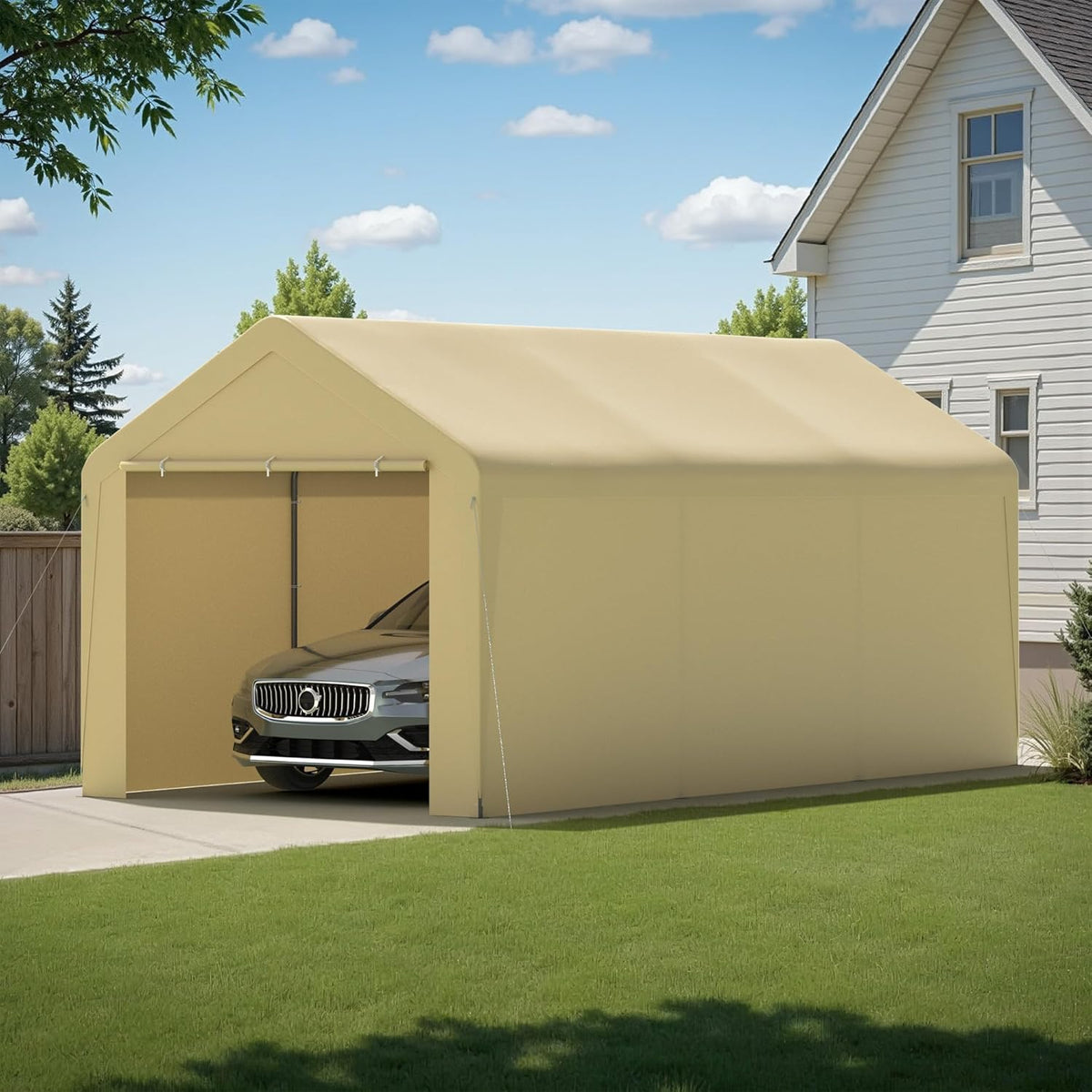 Carport, 10‘ x 20’ Heavy Duty Portable Garage All-Season Car Canopy w/Removable Sidewall & Doors, Carport Canopy Party Tent w/Water-Resistant Tarp for Backyard (Yellow, 10‘ x 20’)