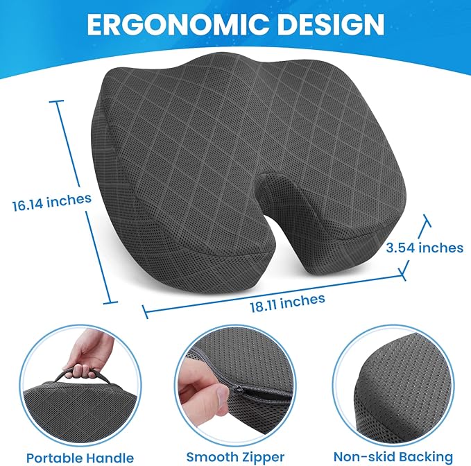 TushGuard Seat Cushion - Memory Foam Cushion for Office Chair, Car Seat, Airplane, Bleacher - Sciatica & Hip & Coccyx Pain Relief Cushions for Long Sitting Office Workers, Car Drivers (Grey, X-Large)