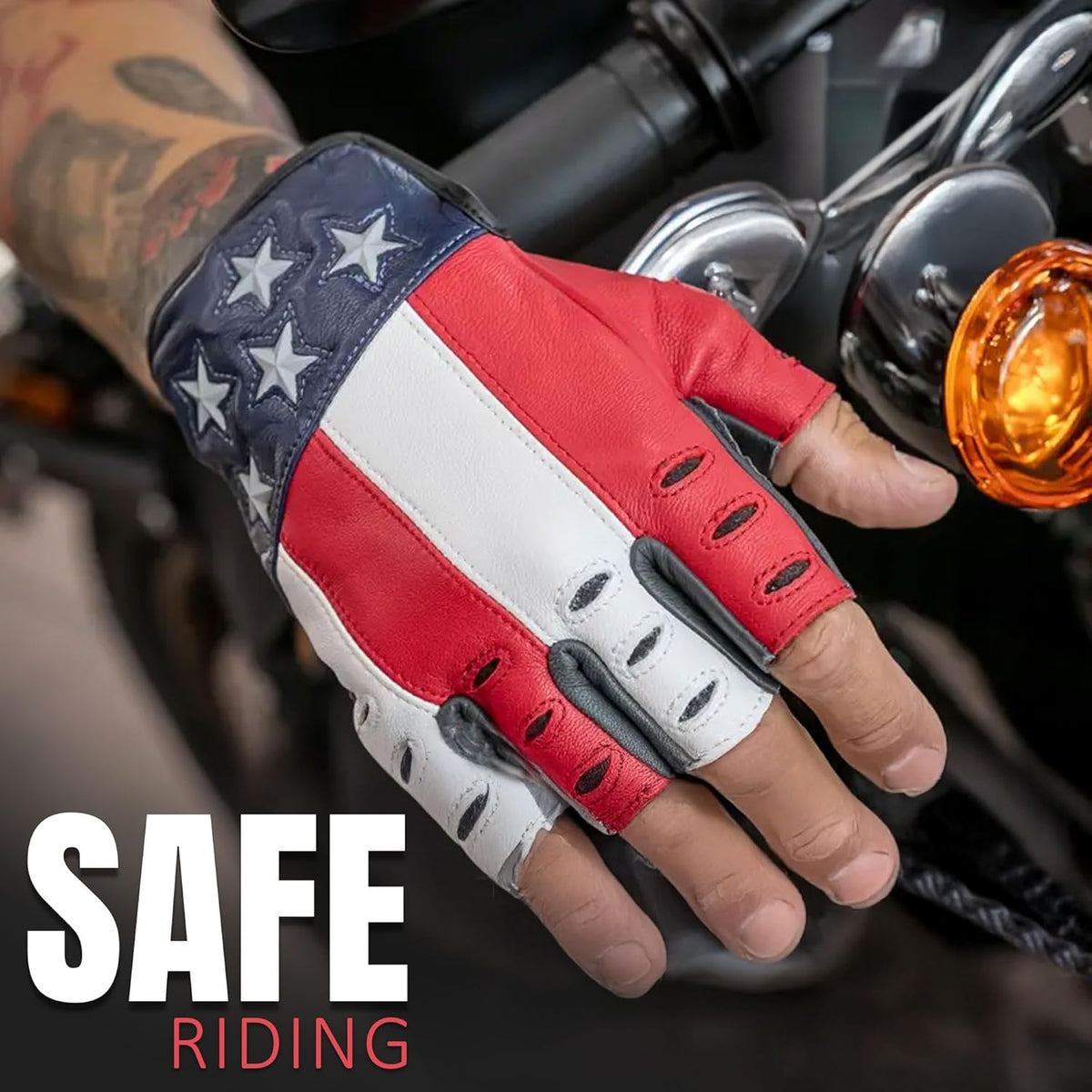 Hugger American Flag Fingerless Leather Gloves for Men – Motorcycle Biker Gloves with Air Crossing Feature – Comfortable Goatskin Glove for Riding, Driving, Gym & Work