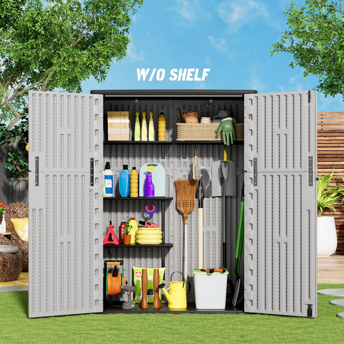 Vertical Storage Sheds with Floor, Sheds & Outdoor Storage Cabinet Waterproof for Garage Storage, Pool Storage, Bike Shed, Garden Shed 57Cu.ft Light Gray