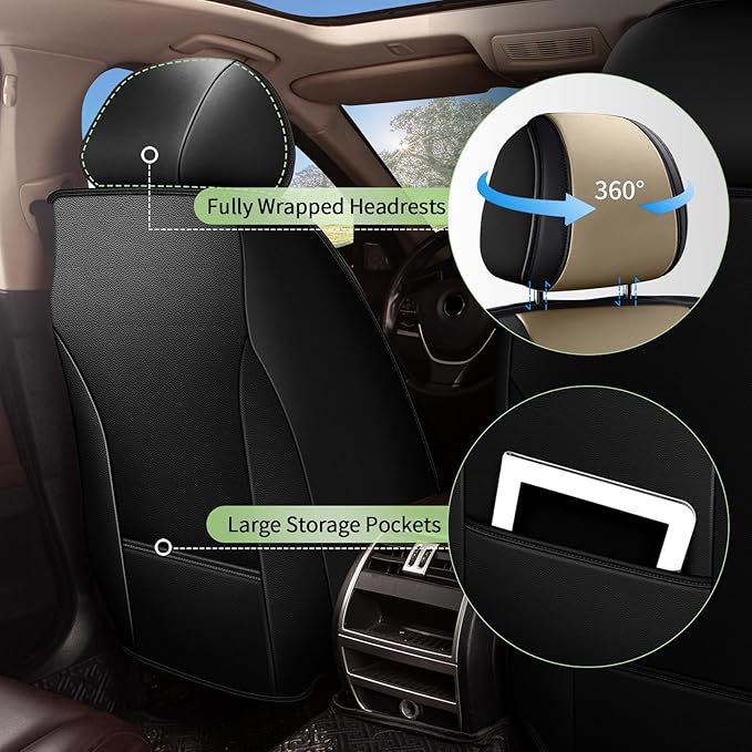 Car Seat Covers Full Set for Nissan Murano 2011-2025 2026 - Breathable Cooling Ice Silk Leather Seat Cover - 5 Seats Vehicle Seat Cushion Protector Auto Accessories (Black&Beige)