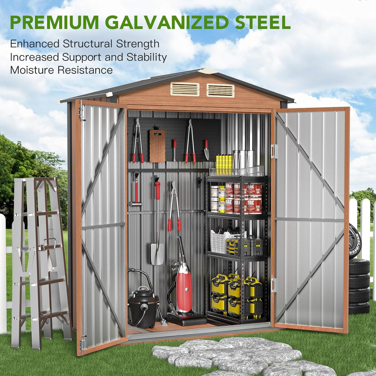 Outdoor Storage Shed, 5x3 Ft Metal Steel Tiny House with Lockable Door, Vertical Outside Storage Building for Garden, Backyard, Lawn, Patio Utility, Tool Storage