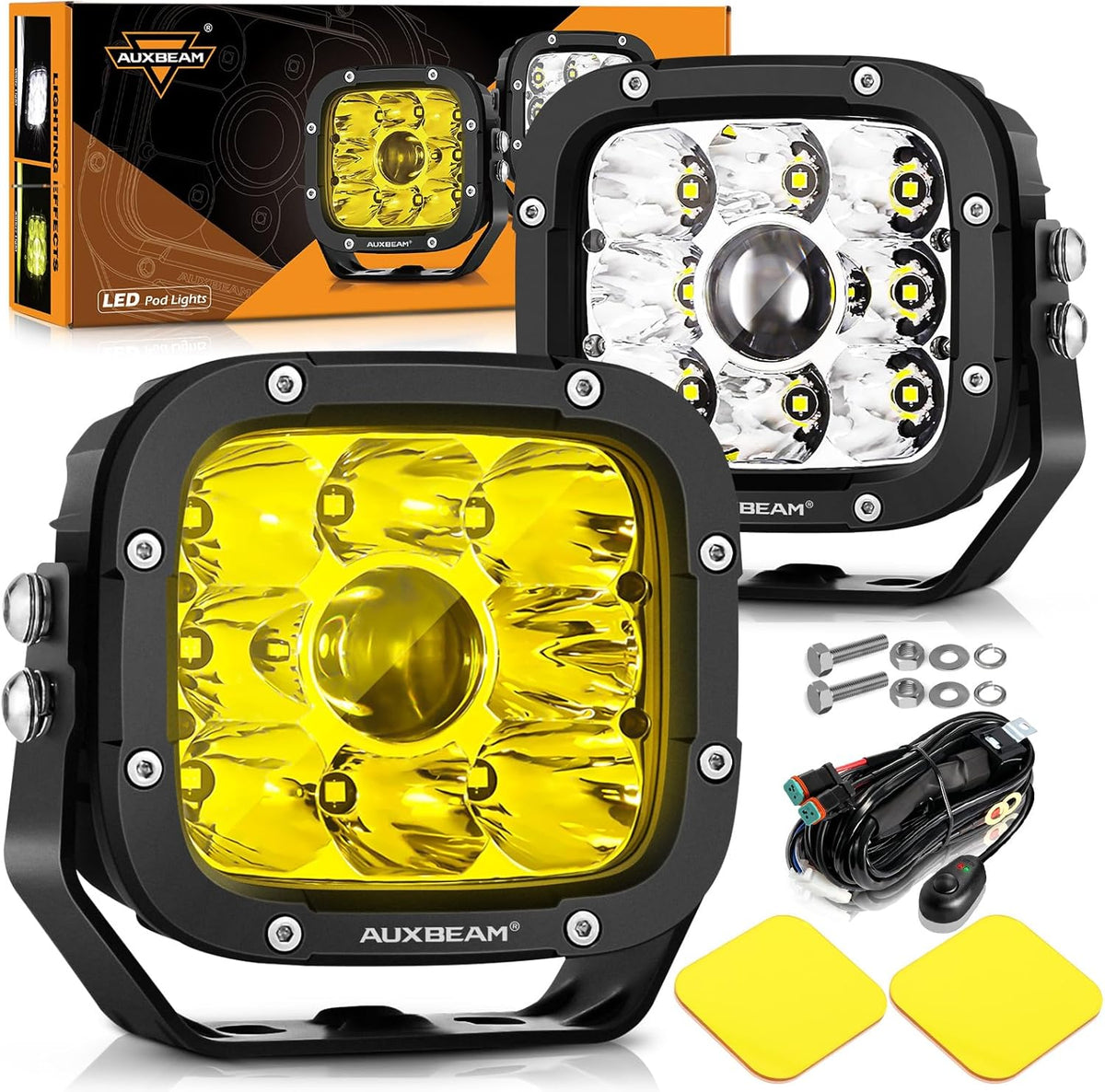Auxbeam 5 Inch LED Pods, XP-Ultra Series Offroad Driving Light 110W Super Spotlight Cube Light Bar Amber Cover, Super Bright Amber Yellow Fog Lights for Truck Jeep Ford Bumper Roof, 2 Years Warranty