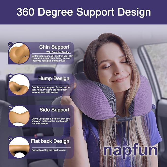 napfun Neck Pillow for Traveling, Upgraded Travel Neck Pillow for Airplane 100% Pure Memory Foam Travel Pillow for Flight Headrest Sleep, Portable Plane Accessories, Light Purple Striped Kit