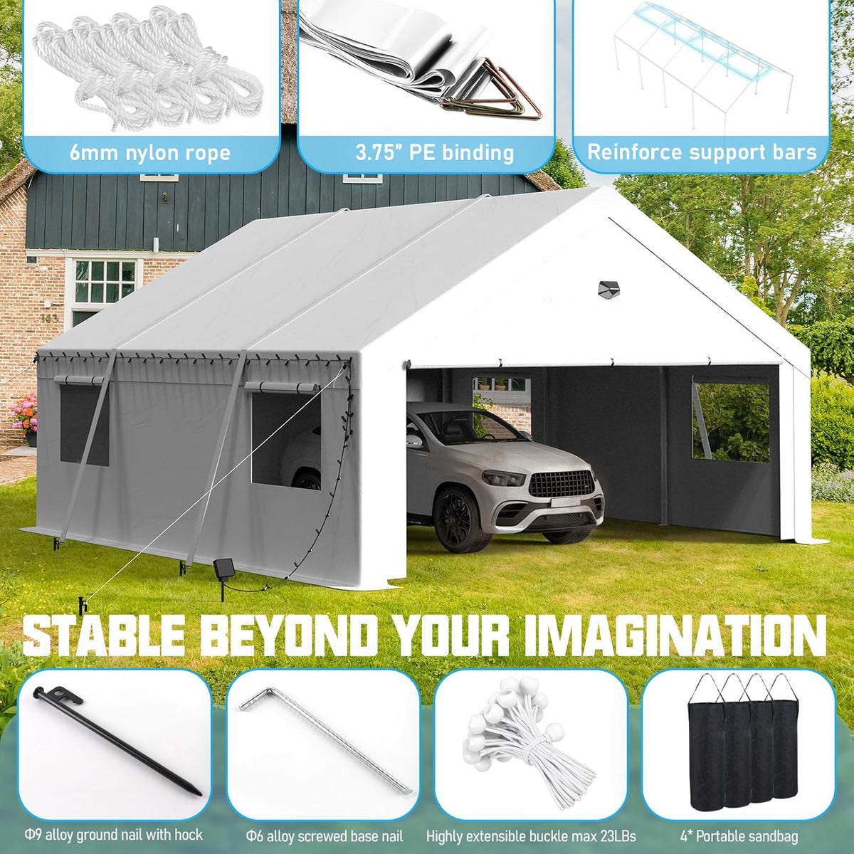 20x20 Carport, Heavy Duty Carport Canopy Garage with Removable Sidewalls and Drive Through Roll Up Zipper Doors, White