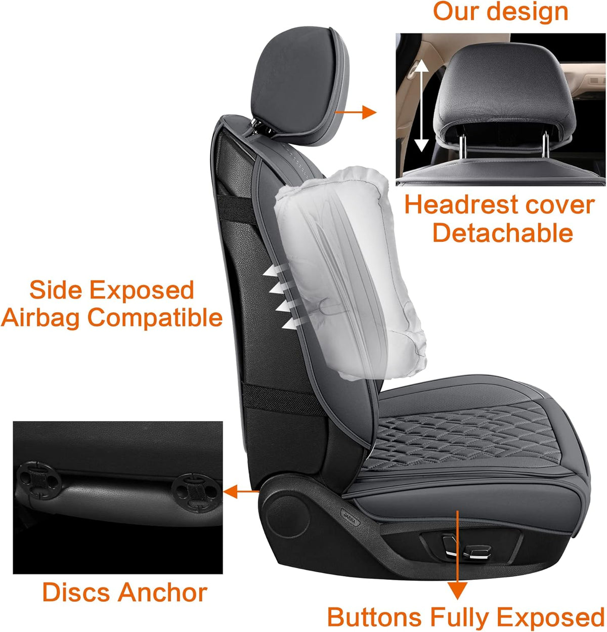 Pariitadin Leather Car Seat Covers Front Pair, Waterproof Breathable Faux Leather Automotive Seat Covers for Cars, Non-Slip Car Interior Covers Universal Fit Most Cars Sedans Trucks SUVs, Gray