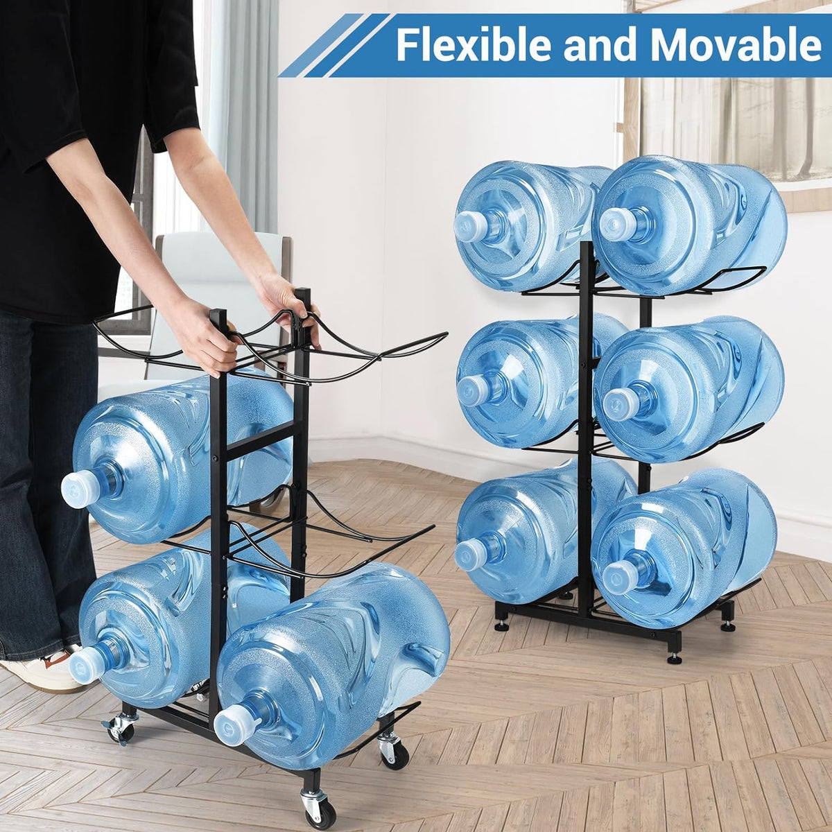 5 Gallon Water Jug Holder with 4 Wheels, Movable Heavy Duty Foldable Water Jug Stand 3-Tier 5 Gallon Water Bottle Holder Water Cooler Jug Storage Rack for 6 Bottles(Black)