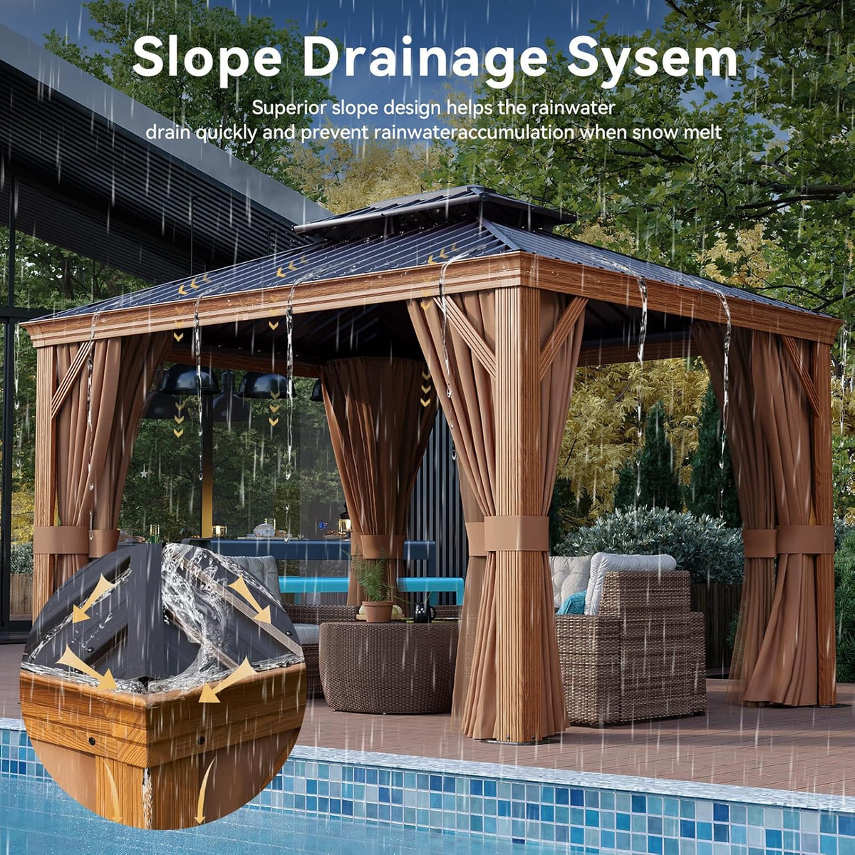 Aoxun 10' x 12' Hardtop Gazebo, Wooden Finish Coated Aluminum Frame Canopy, Galvanized Steel Double Top, Outdoor Permanent Metal Pavilion with Curtains and Netting, for Backyard, Patio and Deck