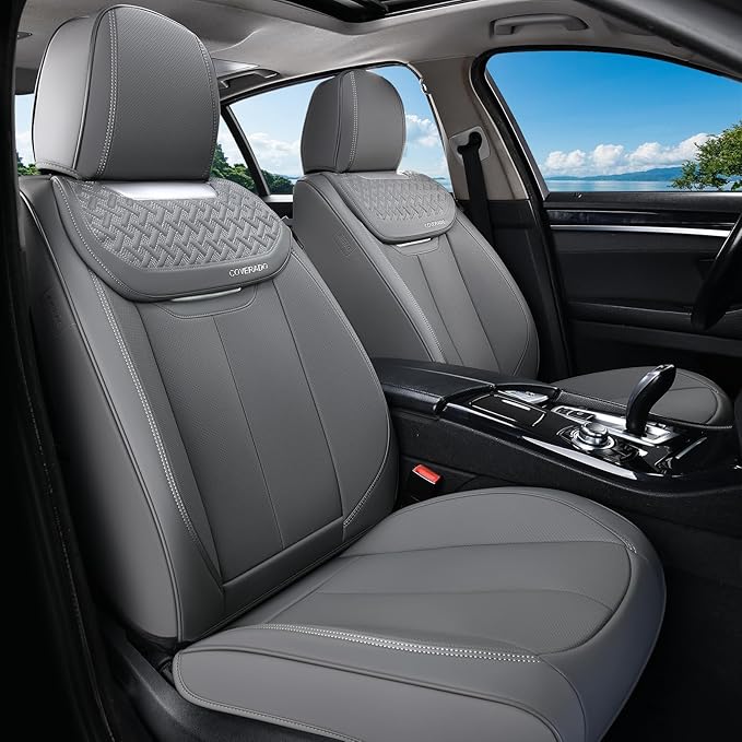 Coverado Car Seat Covers Front Seats, Luxury Nappa Leather Waterproof Seat Covers for Cars, Universal Front Seat Covers, Driver Seat Protector Automotive Interior Accessories Fit for Most Cars,(Gray)