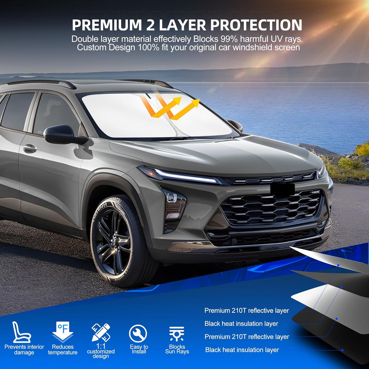 Windshield Sun Shade for Ch-evro-let/Chevy Trax (LS/1RS/LT/2RS/ACTIV) 2024 2025 2026 Foldable Sunshade Custom Fit Front Window Car Interior Accessories Protector Blocks UV Rays