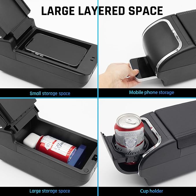 YJYWZH Double-Layer Armrest Box for Nissan Versa Almera 2020-2024 Car Center Storage Box Organizer Interior Hand Centre Consoles with 4 USB Port Cup Holder Black Accessories