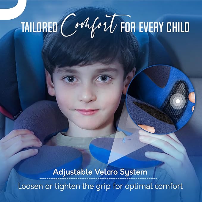BCOZZY Kids Chin Supporting Travel Pillow for Ages 3–7- Patented Soft Neck Pillow for Head and Chin Support in Car Seat and Airplane. Comfortable Travel Essential. Small Size, Bag, Light Blue