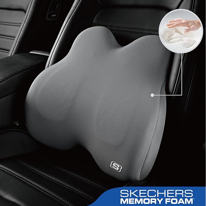 Skechers Memory Foam Lumbar Pillow,Lumbar Support Pillow for Office, Chair Lower Back Pain Relief Lumbar Pillow, Ergonomic Design Back Support Pillow for Office Chair, Car, Home, Travel,Gray