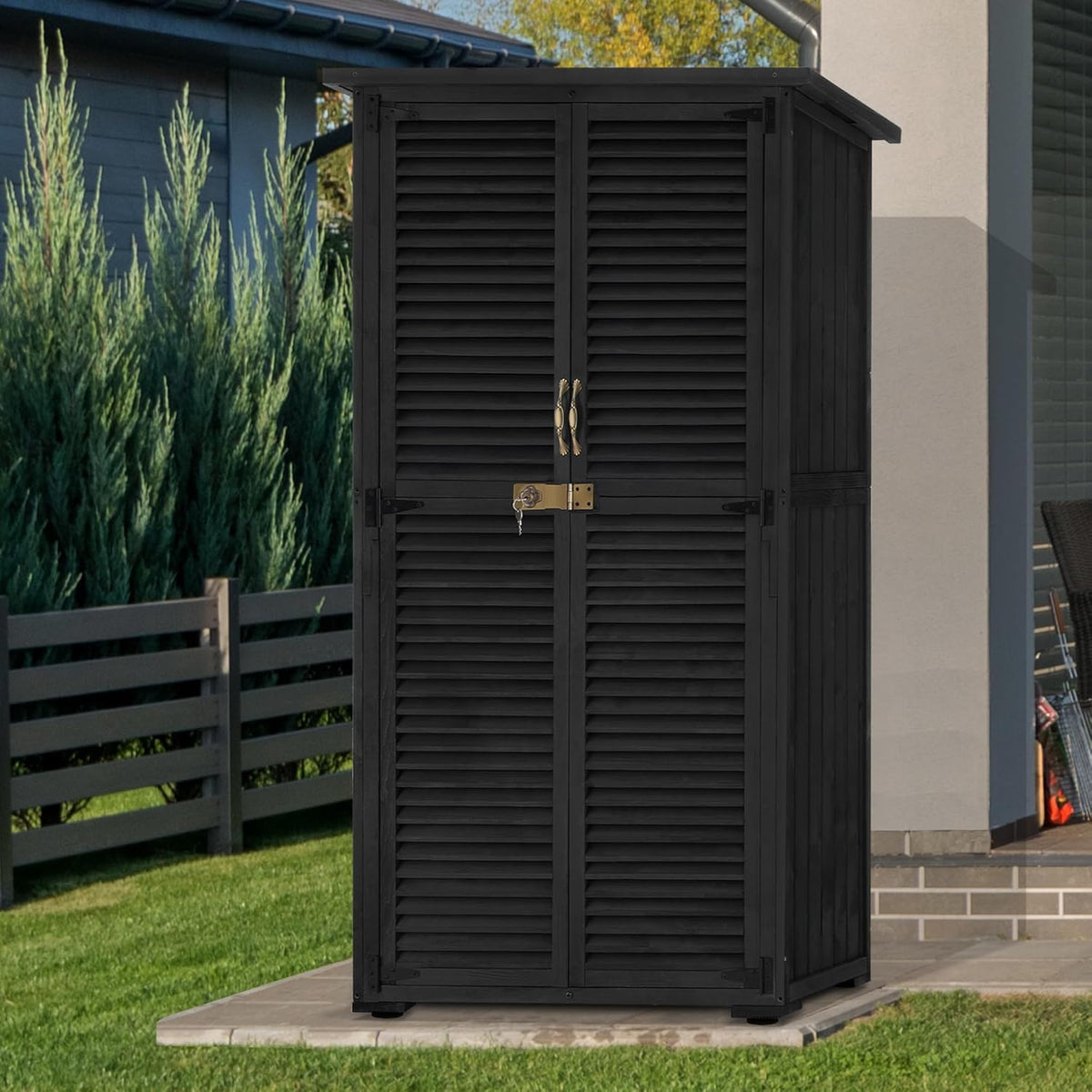 MCombo Outdoor Storage Cabinet, Wooden Storage Shed with Latch, Outside Garden Tool Shed with 2 Doors for Patio Yard Lawn, 0808 (Black, Medium)